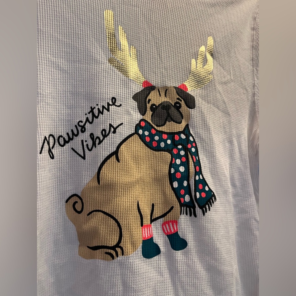 Women’s Thermal Long-Sleeve Holiday Pug Top, Size XL
